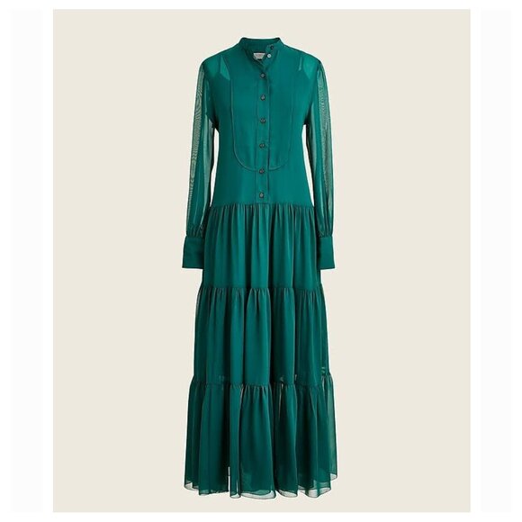 J. Crew Collection Tiered Silk-Chiffon Tuxedo Dress in Dark Spruce - Picture 1 of 10
